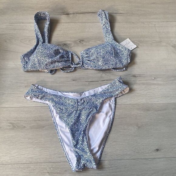 Her.Own Sierra Swim Top Tie Back XL Quin Bottom M Bikini Set Tile Blue/White NWT - Picture 5 of 10